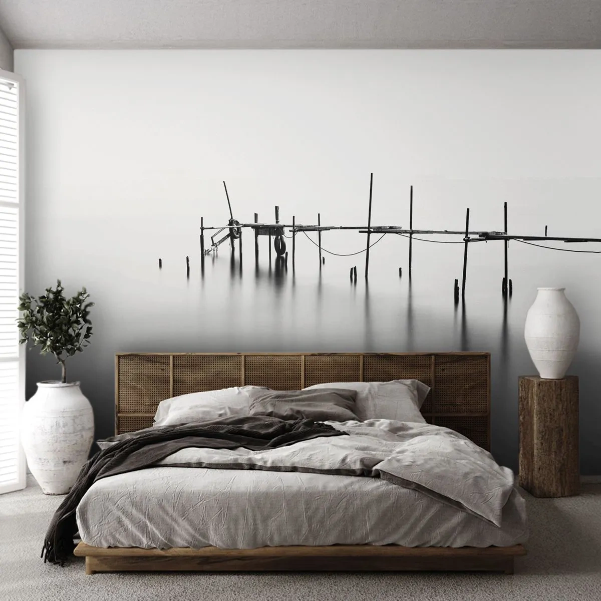 Fototapet Premium Sand - Och om världen inte finns? - Landskap, Träbro, Svartvitt - 100x70 cm
