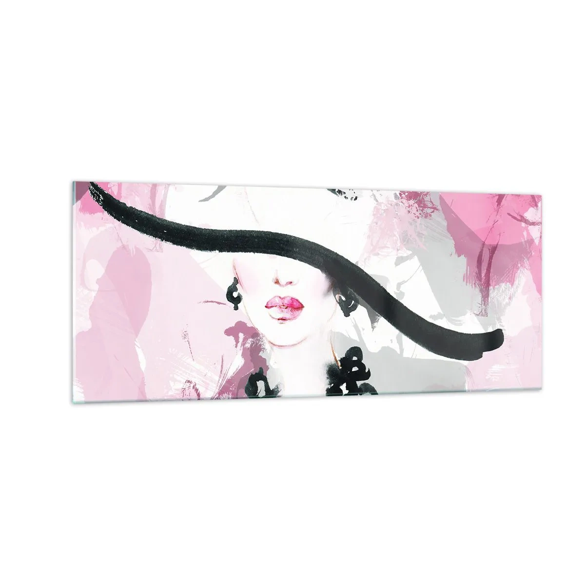Glastavla - Bild på glas - En damportätt i svart och rosa - 100x40 cm
