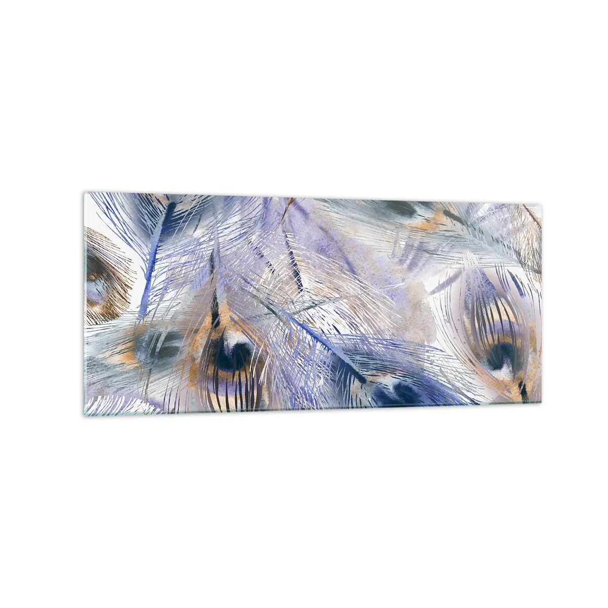 Glastavla - Bild på glas - Komposition med påfågelsfjädrar - 120x50 cm