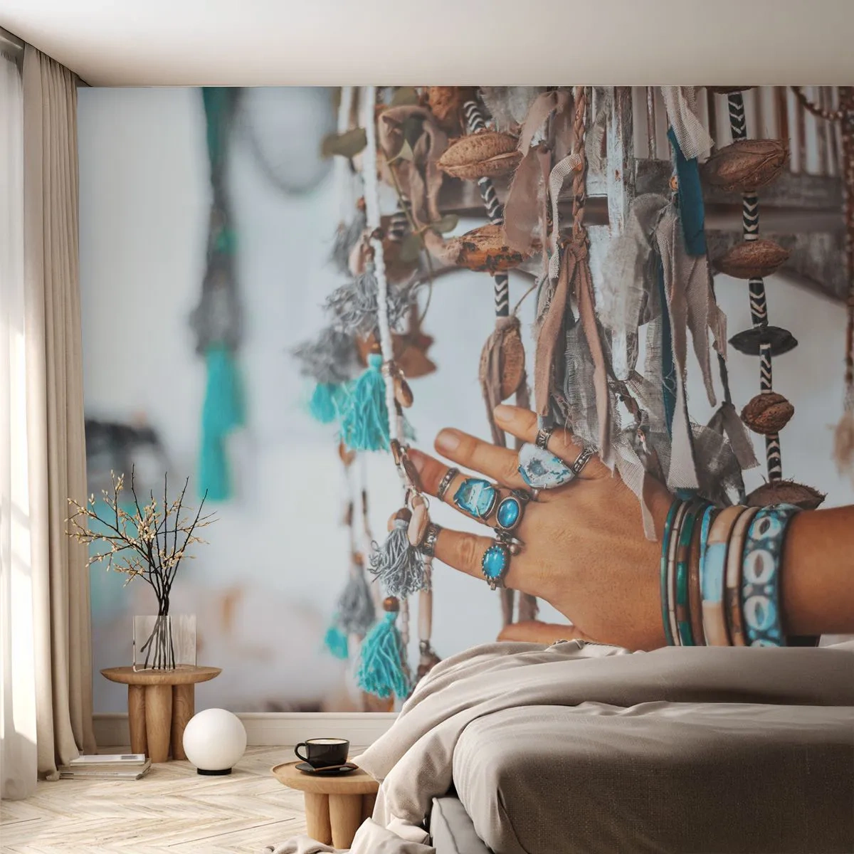 Fototapet Standard Eco - En hand med boho smycken bland färgglada dekorationer - 100x70cm - Lokala skatter - Modern väggdekoration för vardagsrum och sovrum ARTTOR