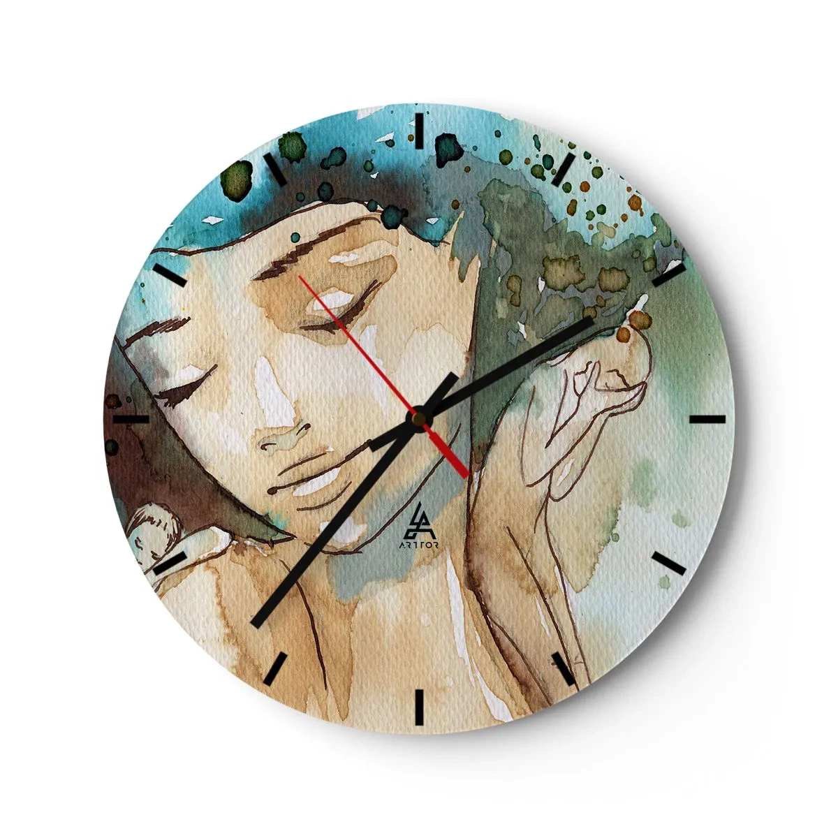 Väggklocka - Klocka på glas - En urtavla med ett kvinnligt ansiktsmotiv i akvarellfärger - 30x30cm - Lady in blue - Modern väggdekoration för vardagsrum, kök och sovrum ARTTOR