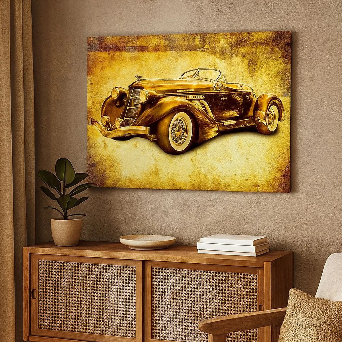 Canvastavla - Bild på duk - En klassisk guldfärgad retro cabriolet mot en vintagebakgrund i varma färger. - 70x50cm - Elitens elit - Modern väggdekoration för vardagsrum och sovrum ARTTOR