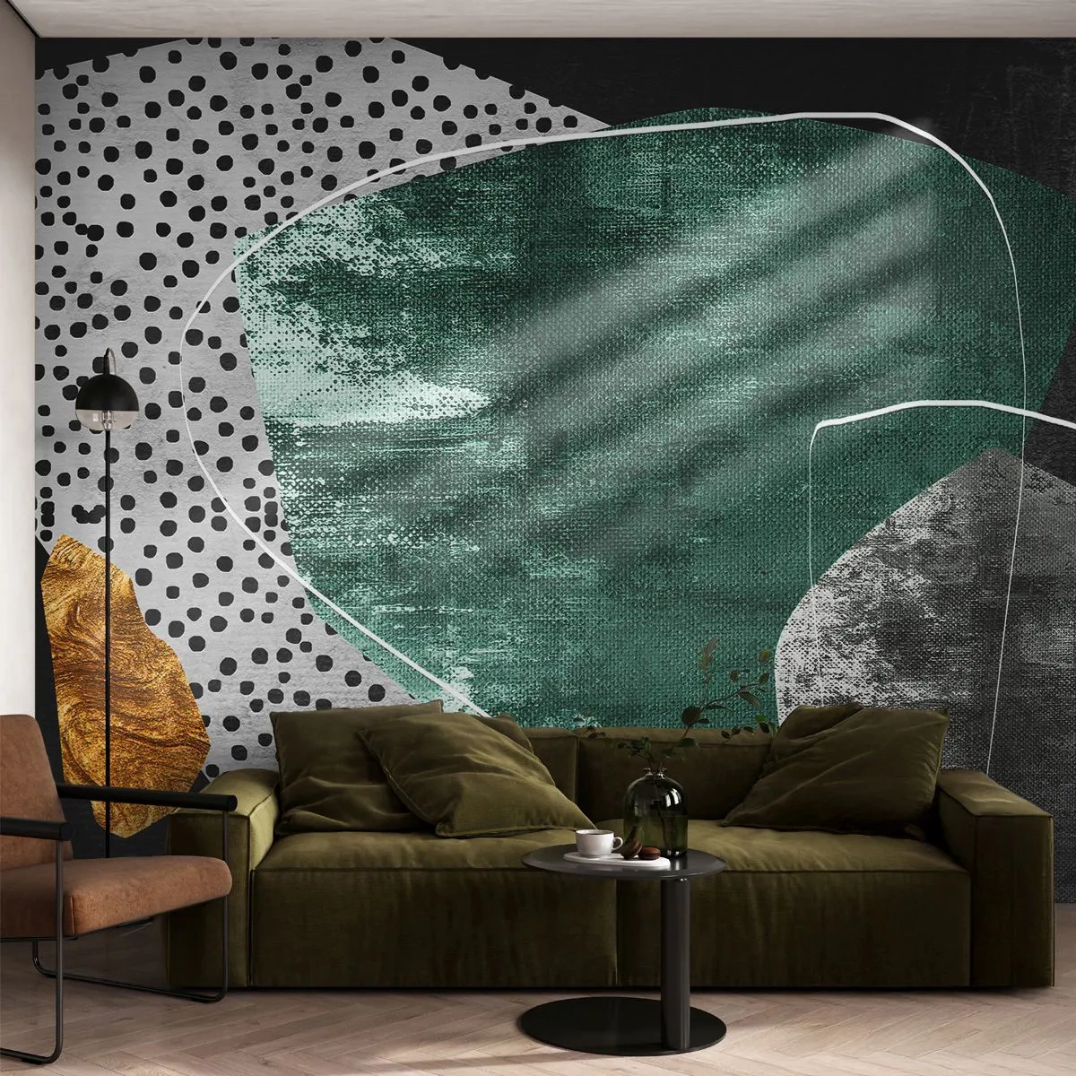 Fototapet Standard Eco - Färgstark abstraktion med en guldflinga - Abstraktion, Textur, Collage - 300x210 cm