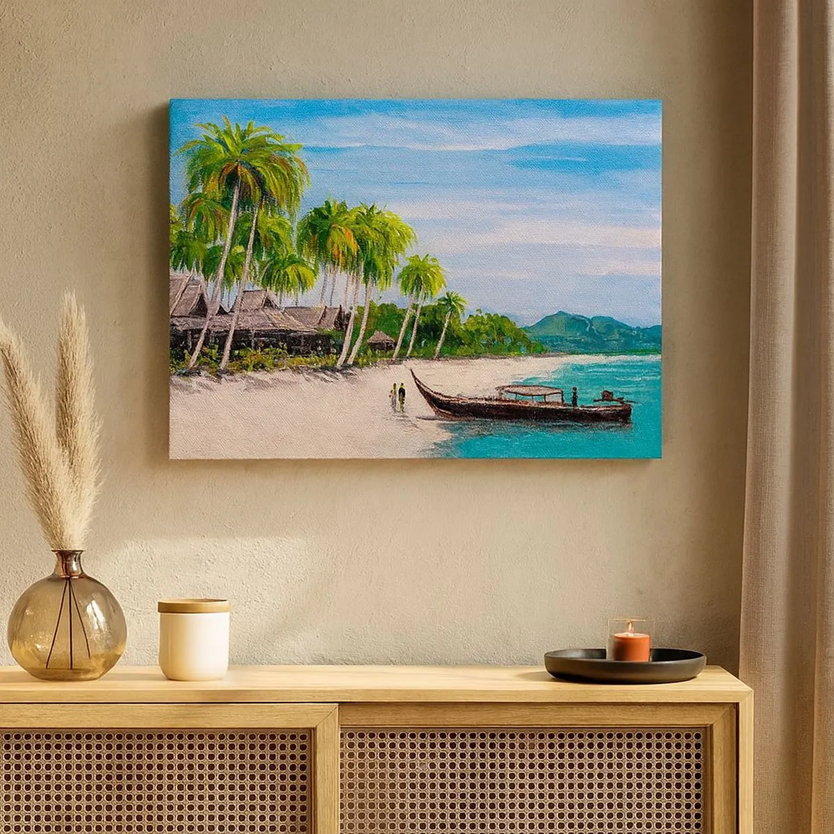 Canvastavla - Bild på duk - En exotisk strand med palmer och en båt vid stranden - 70x50cm - En exotisk dröm - Modern väggdekoration för vardagsrum och sovrum ARTTOR