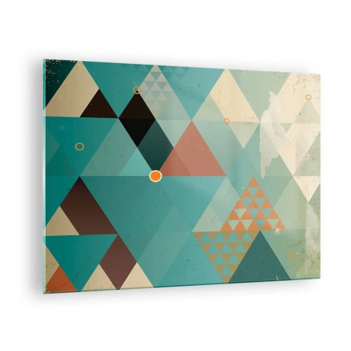 Glastavla - Bild på glas - Geometri i nyanser av turkos och brunt med trianglar - 70x50cm - Mångfaldens enighet, enighetens mångfald - Modern väggdekoration för vardagsrum och sovrum ARTTOR