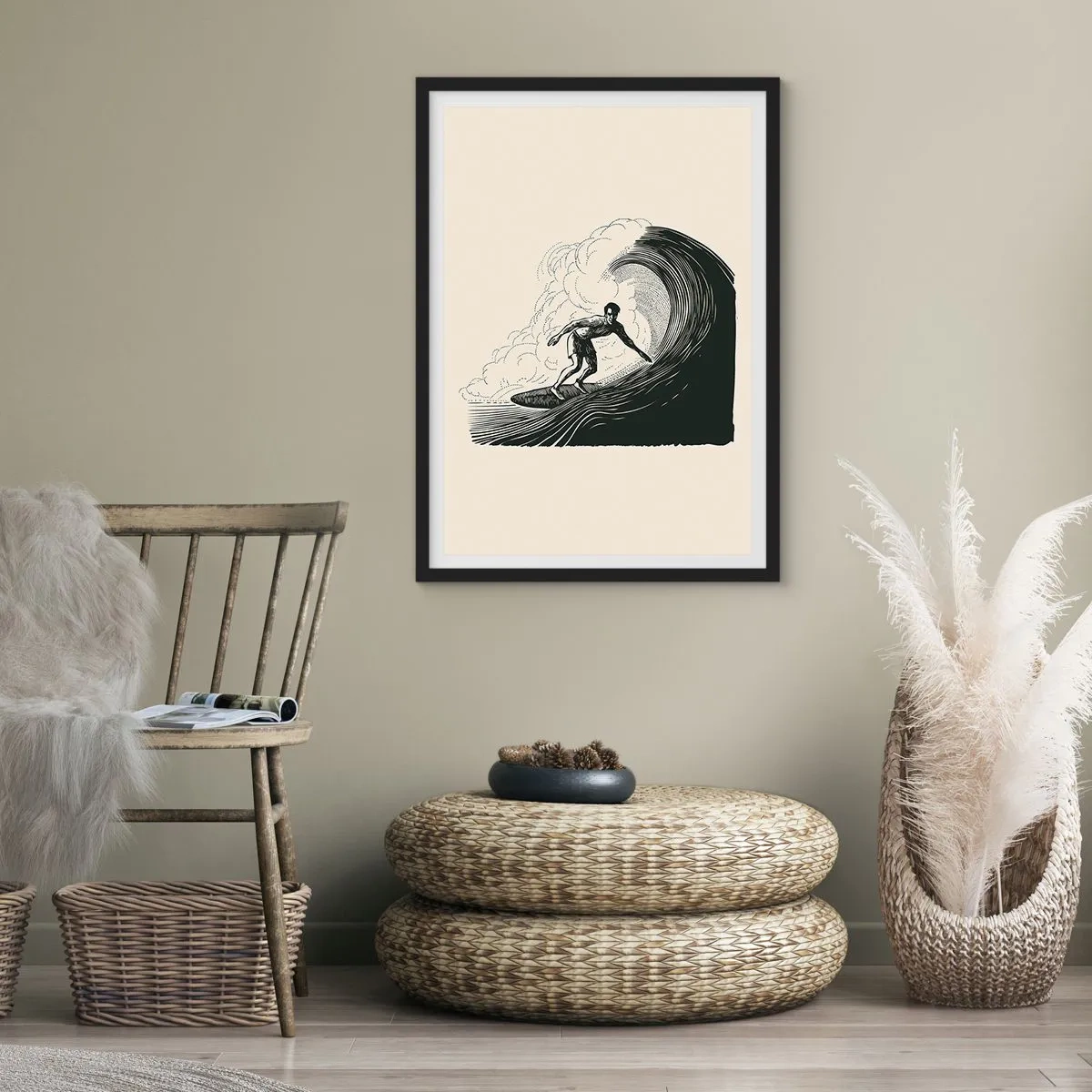 Affisch i svart ram - Retro surfare på våggrafik, svart och krämfärgad komposition - 50x70cm - Vågens kung - Modern väggdekoration för vardagsrum och sovrum ARTTOR