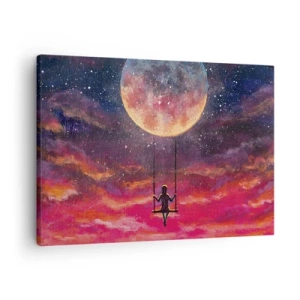 Canvastavla - Bild på duk - En figur på en gunga hängande mot månen - 70x50cm - Sväva i molnen - Modern väggdekoration för vardagsrum och sovrum ARTTOR