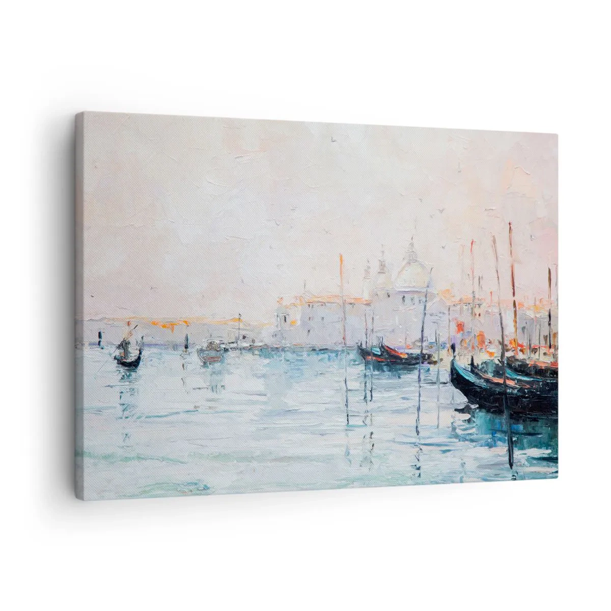Canvastavla - Bild på duk - Pittoresk utsikt över kanalerna med pastellfärgade båtar - 70x50cm - Bortom vatten, bortom dimma - Modern väggdekoration för vardagsrum och sovrum ARTTOR