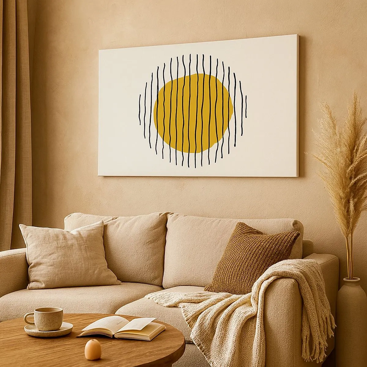 Canvastavla - Bild på duk - Ett minimalistiskt motiv med en gul cirkel och svarta linjer. - 70x50cm - Abstraktion som darrar av glöd - Modern väggdekoration för vardagsrum och sovrum ARTTOR