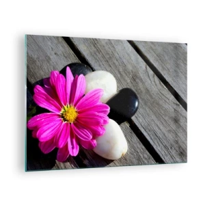 Glastavla - Bild på glas - Rosa blomma med stenar på en träbakgrund - 70x50cm - Avkoppling på bryggan - Modern väggdekoration för vardagsrum och sovrum ARTTOR