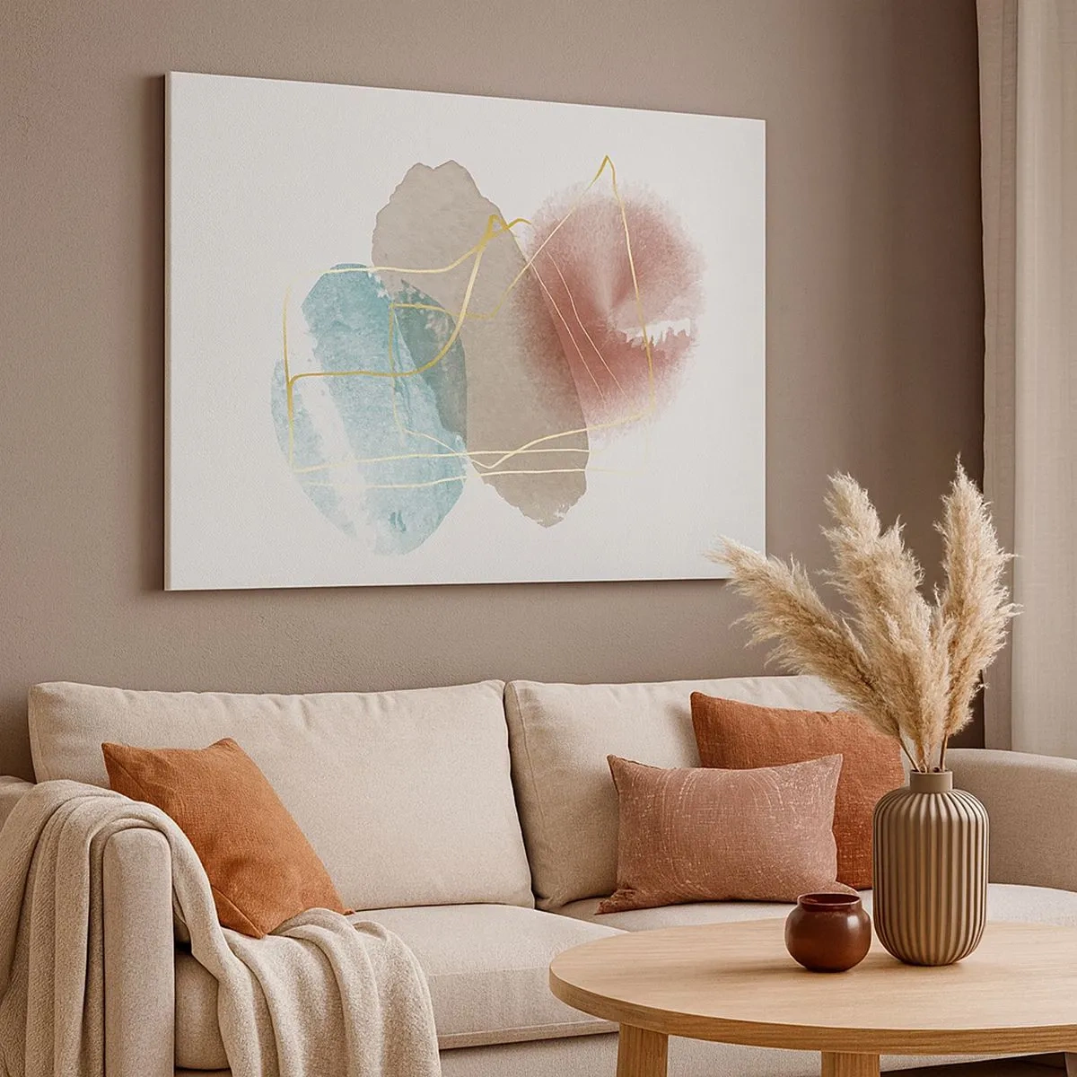 Canvastavla - Bild på duk - Abstrakta former med fina färger och gyllene linjer - 70x50cm - Rummets pärlor - Modern väggdekoration för vardagsrum och sovrum ARTTOR