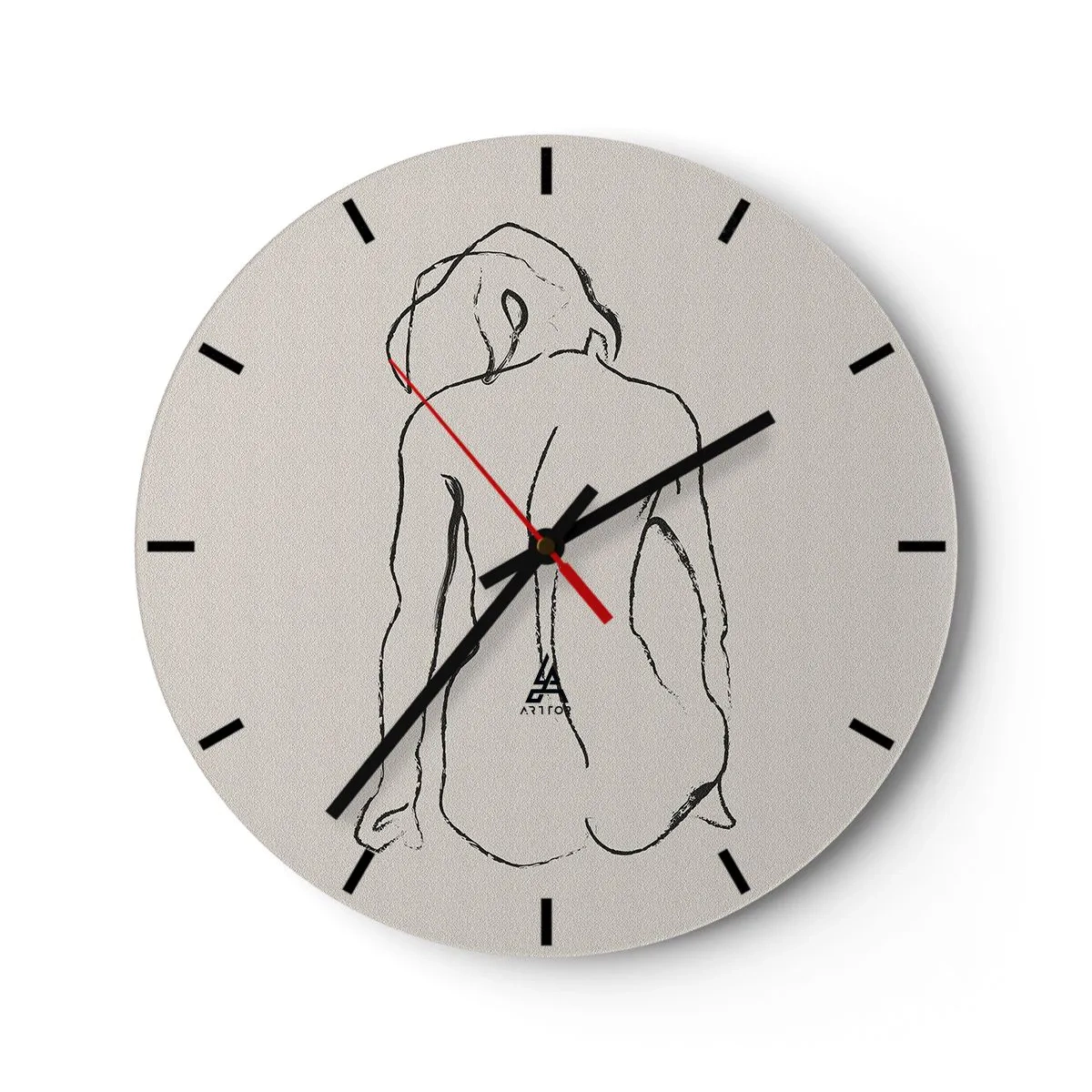 Väggklocka - Klocka på glas - En subtil skiss av en kvinnlig silhuett mot en ljus bakgrund - 30x30cm - Naken flicka - Modern väggdekoration för vardagsrum, kök och sovrum ARTTOR