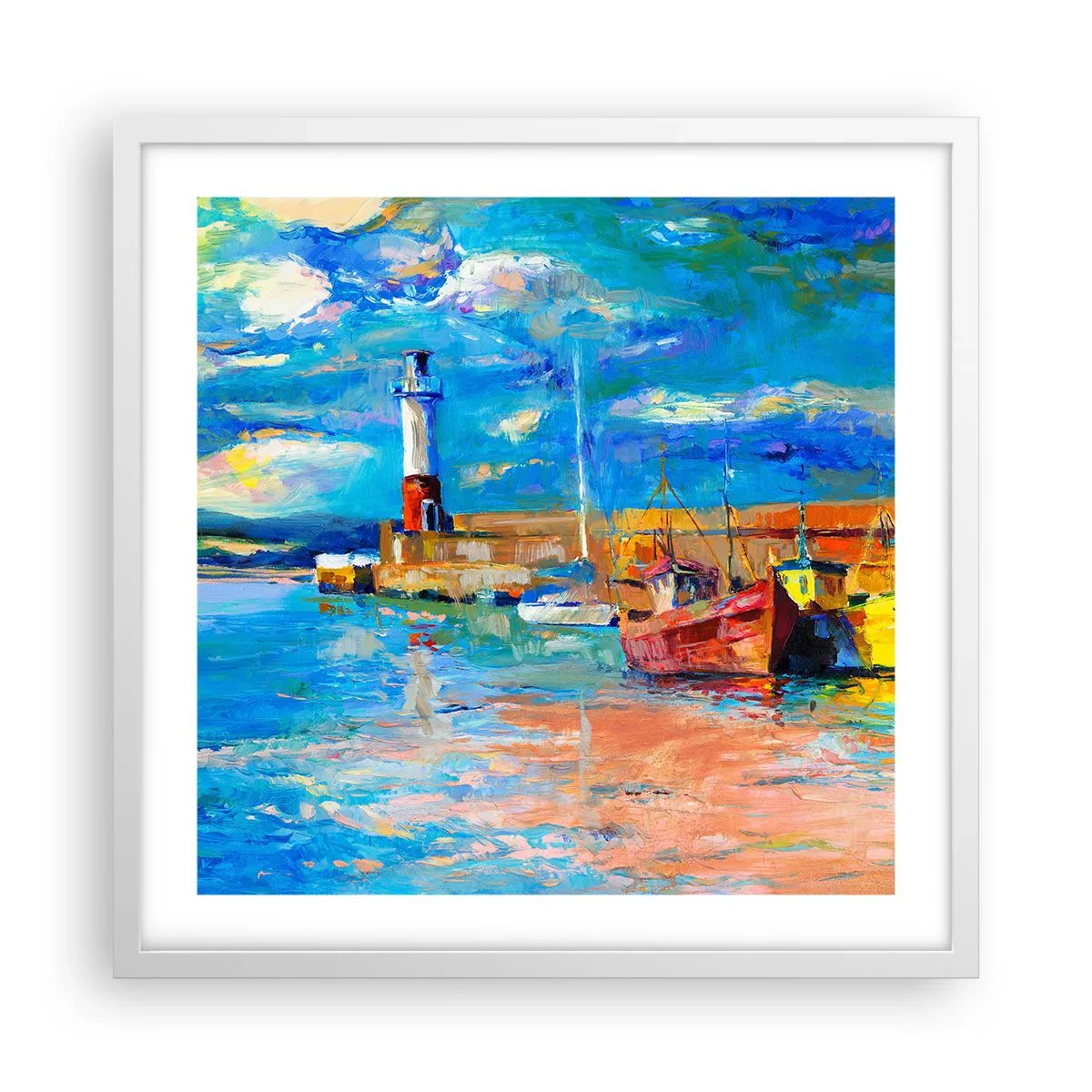 Affisch i vit ram - Eftermiddag i regnbågsviken - 50x50 cm