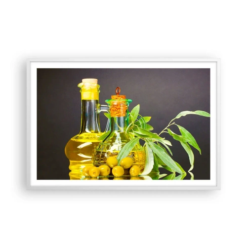 Affisch i vit ram - Stilleben med oliver och olivolja - 91x61 cm
