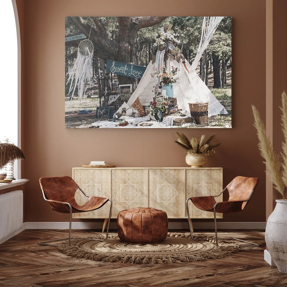 Canvastavla - Bild på duk - Boho-dekoration med en tipi i skogen - 70x50cm - Make love… - Modern väggdekoration för vardagsrum och sovrum ARTTOR