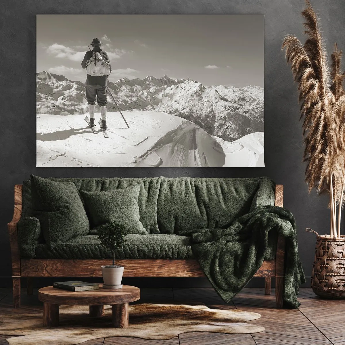Canvastavla - Bild på duk - En skidåkare på toppen av ett berg i svartvitt - 70x50cm - Och fjällen är samma - Modern väggdekoration för vardagsrum och sovrum ARTTOR