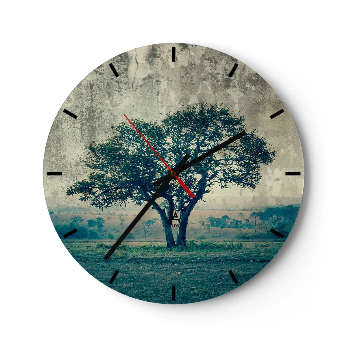 Väggklocka - Klocka på glas - Ett ensamt träd mot ett blått landskap - 30x30cm - Äppelträd på blå betesmark? - Modern väggdekoration för vardagsrum, kök och sovrum ARTTOR