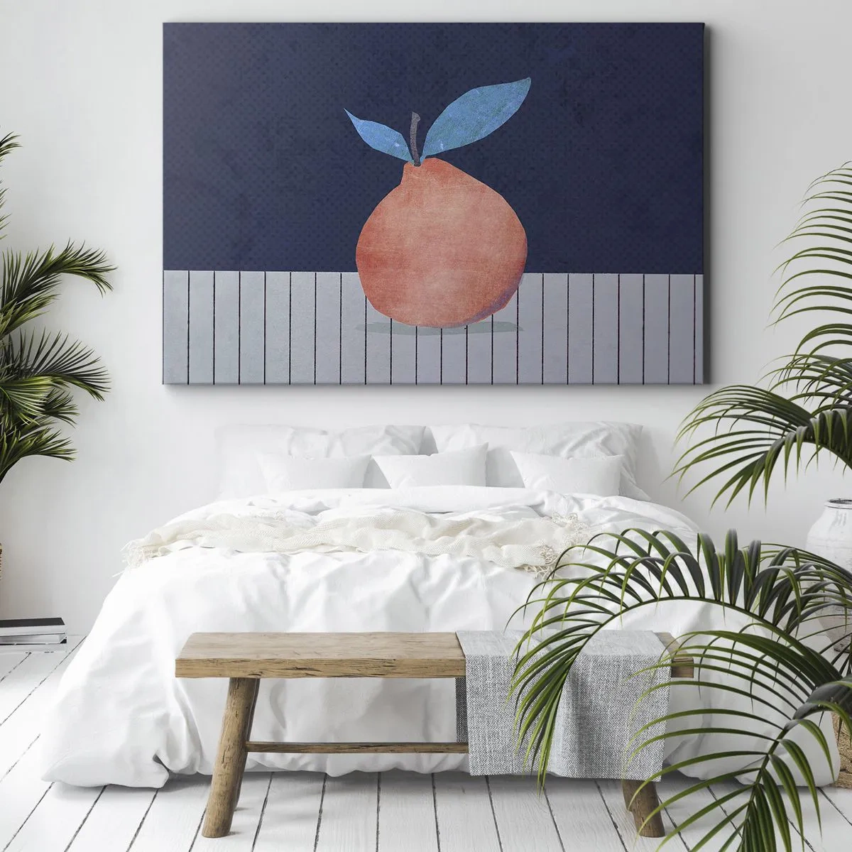 Canvastavla - Bild på duk - Abstrakt frukt mot en bakgrund av kontrasterande färger och raka linjer. - 70x50cm - Konvexitet och planhet - Modern väggdekoration för vardagsrum och sovrum ARTTOR