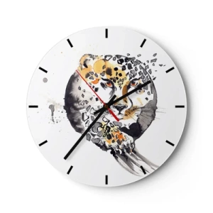 Väggklocka - Klocka på glas - Leopard i en konstnärlig form med dynamiska partiklar runt silhuetten - 30x30cm - Farlig skönhet - Modern väggdekoration för vardagsrum, kök och sovrum ARTTOR