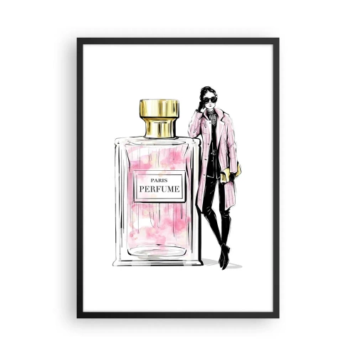 Affisch i svart ram - En elegant parfymflaska med silhuetten av en stilfull kvinna - 50x70cm - Paris-sensualitet - Modern väggdekoration för vardagsrum och sovrum ARTTOR