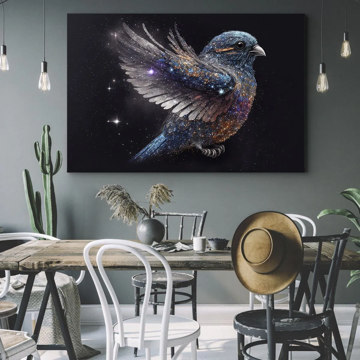 Canvastavla - Bild på duk - En sparv i rymdåldersstil med diamantglans - 70x50cm - Diamant sparv - Modern väggdekoration för vardagsrum och sovrum ARTTOR