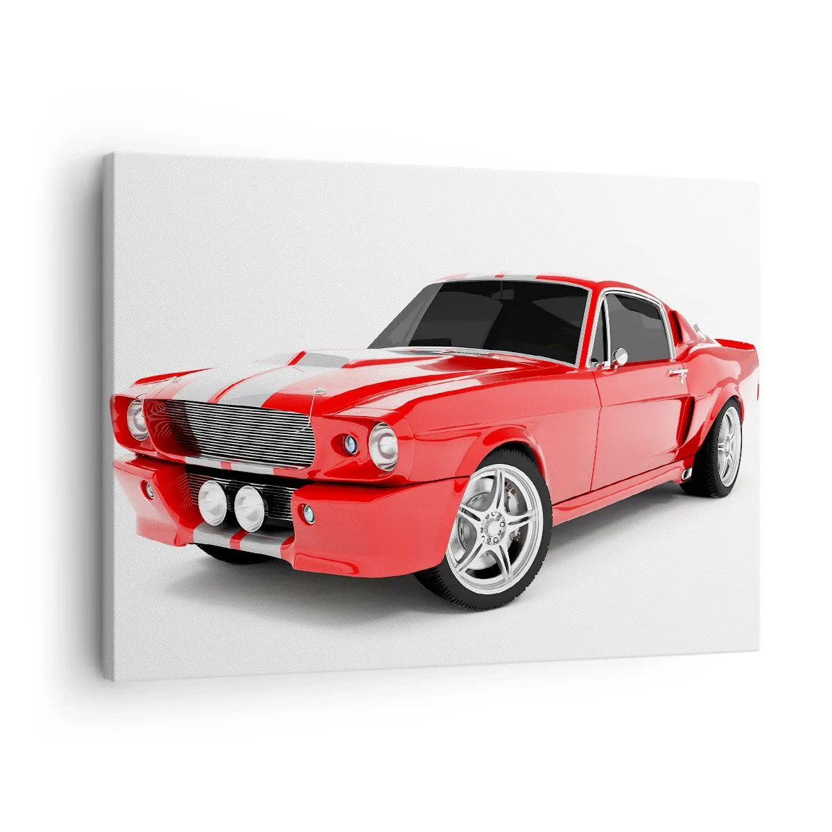 Canvastavla - Bild på duk - Röd sportbil med vita ränder - 70x50cm - Mustang snabb som vinden - Modern väggdekoration för vardagsrum och sovrum ARTTOR
