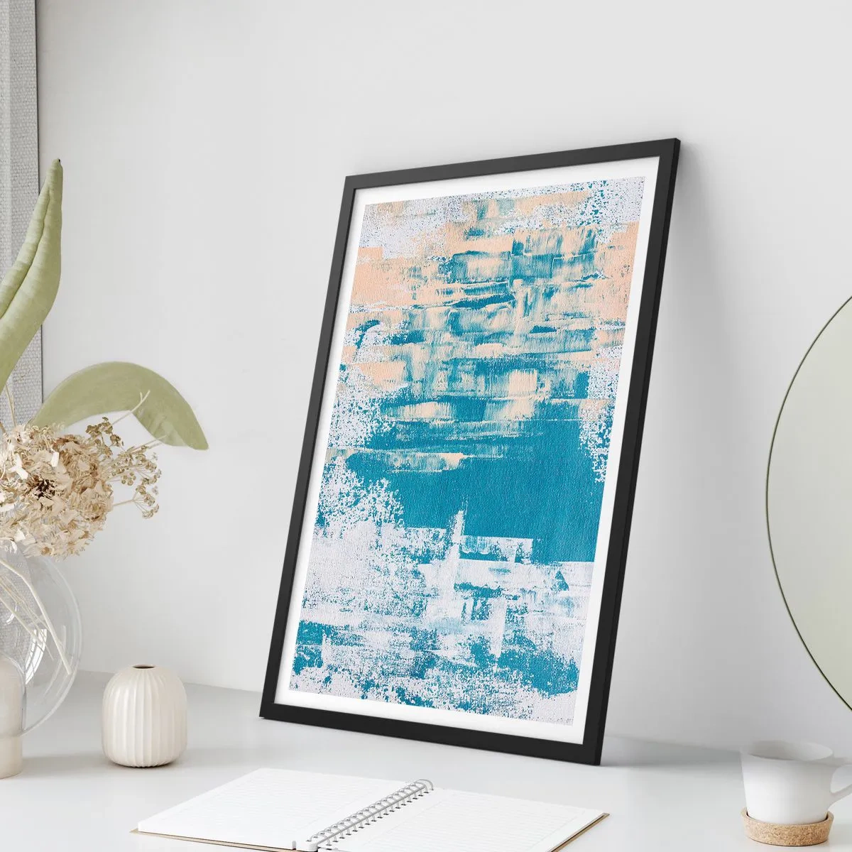 Affisch i svart ram - Abstrakt textur i nyanser av blått och beige - 50x70cm - Genom istapp - Modern väggdekoration för vardagsrum och sovrum ARTTOR