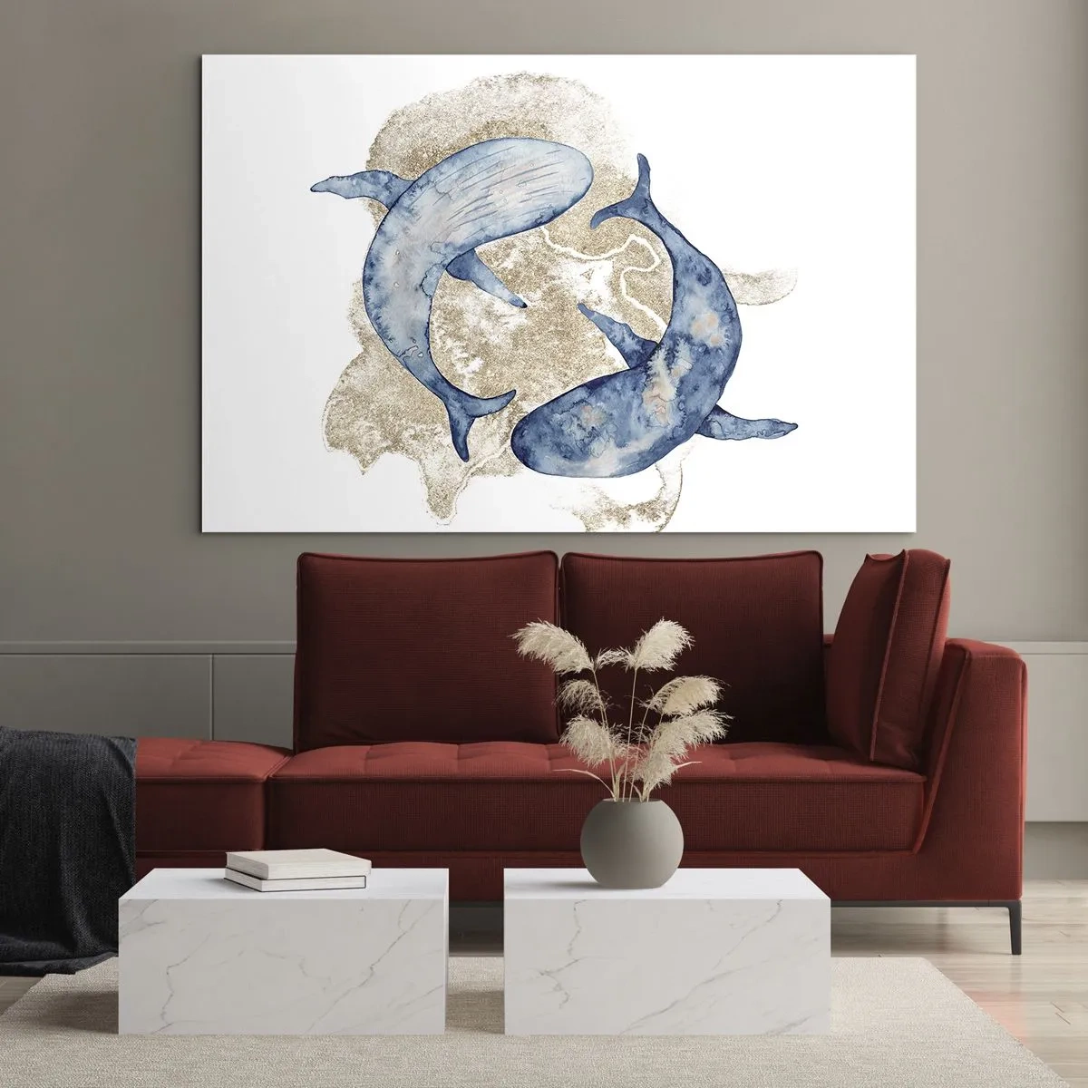 Glastavla - Bild på glas - Två blåvalar mot en bakgrund av abstrakta gyllene fläckar - 70x50cm - Vänskap eller kärlek? - Modern väggdekoration för vardagsrum och sovrum ARTTOR