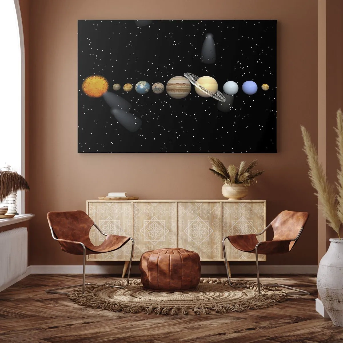 Canvastavla - Bild på duk - Solsystemet med planeter mot bakgrund av stjärnor i rymden - 70x50cm - Och planeterna blir galna... - Modern väggdekoration för vardagsrum och sovrum ARTTOR