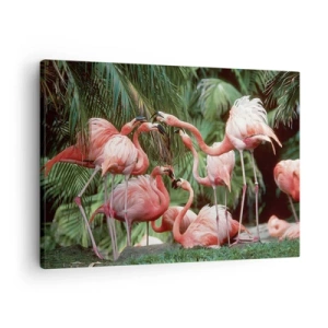 Canvastavla - Bild på duk - En grupp flamingos i en tropisk miljö omgiven av palmer - 70x50cm - Eftermiddags skvaller - Modern väggdekoration för vardagsrum och sovrum ARTTOR