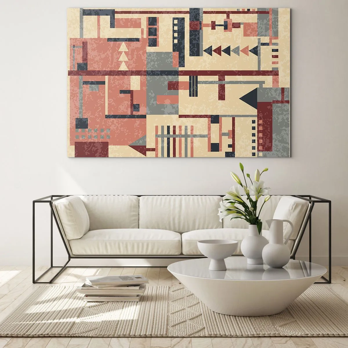 Glastavla - Bild på glas - Abstrakt geometriskt mönster i beige och röda nyanser - 70x50cm - Kombination av vertikala och horisontella element - Modern väggdekoration för vardagsrum och sovrum ARTTOR