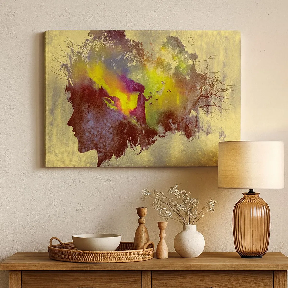 Canvastavla - Bild på duk - Konstnärlig silhuett av en kvinna med naturen i bakgrunden - 70x50cm - Moder Naturen - Modern väggdekoration för vardagsrum och sovrum ARTTOR