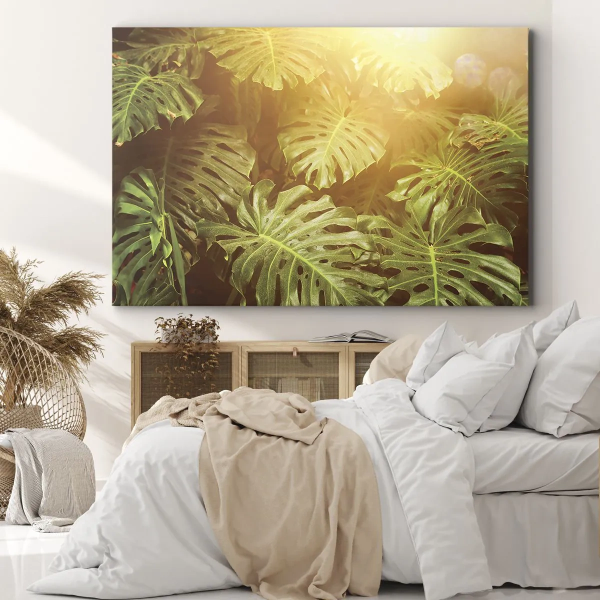 Canvastavla - Bild på duk - Monsterablad i solljuset mot en naturlig bakgrund - 70x50cm - Beträda grönskan... - Modern väggdekoration för vardagsrum och sovrum ARTTOR