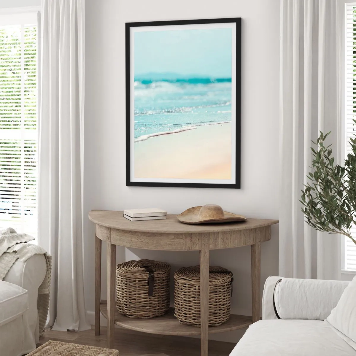 Affisch i svart ram - En lugn strand och lugna vågor i pastellfärger - 50x70cm - Värme och brus - Modern väggdekoration för vardagsrum och sovrum ARTTOR