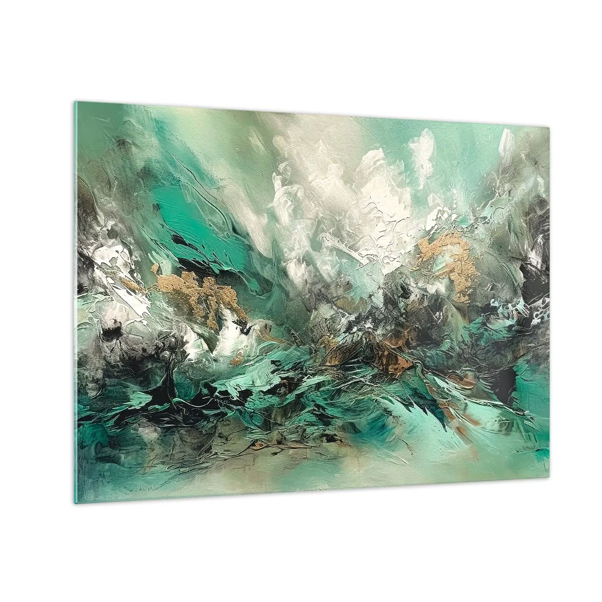 Glastavla - Bild på glas - En abstrakt komposition i nyanser av smaragdgrönt, svart och vitt. - 70x50cm - Smaragdsvart bränna - Modern väggdekoration för vardagsrum och sovrum ARTTOR