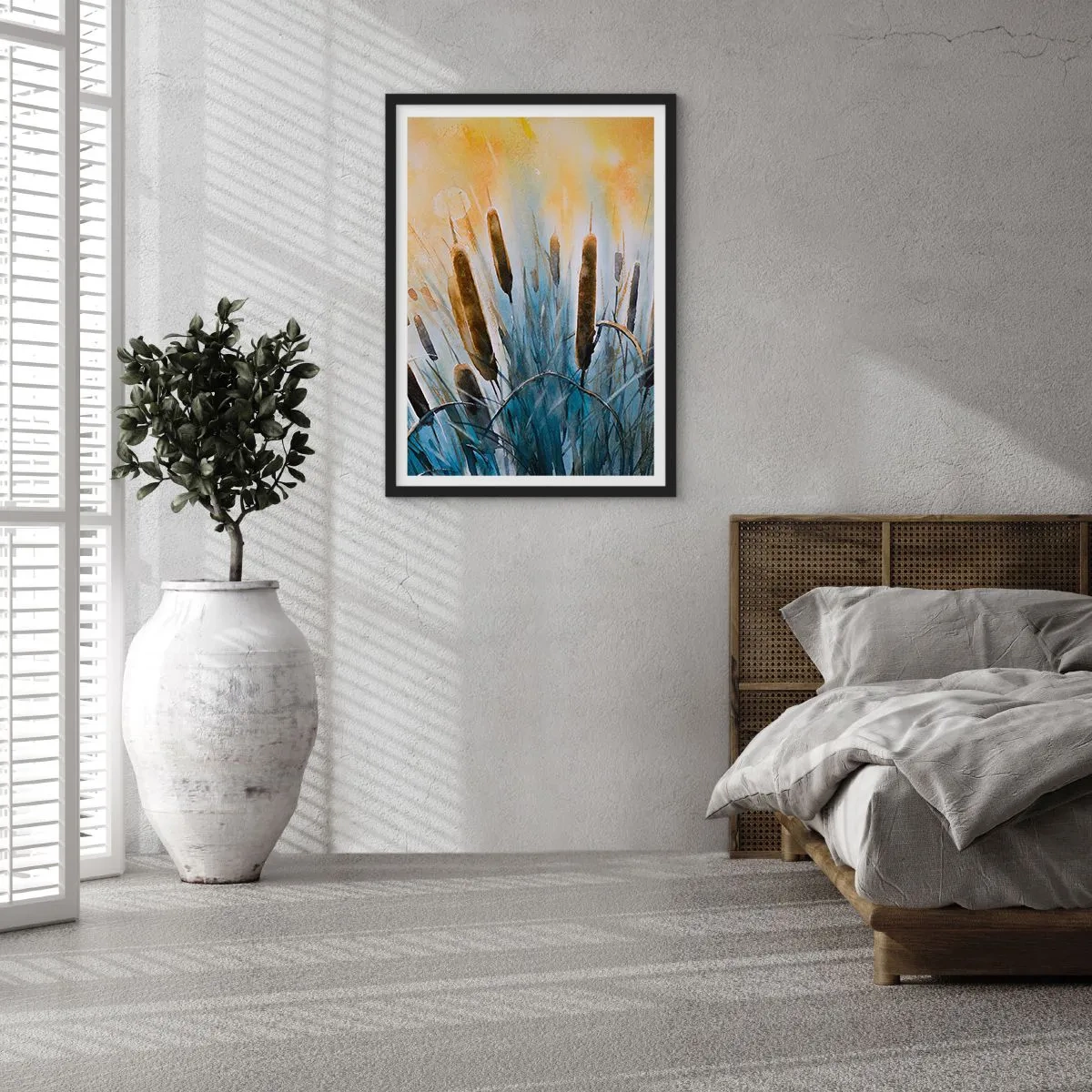 Affisch i svart ram - En målerisk komposition av vass i varmt ljus - 50x70cm - Vattnets kyla, solens hetta - Modern väggdekoration för vardagsrum och sovrum ARTTOR