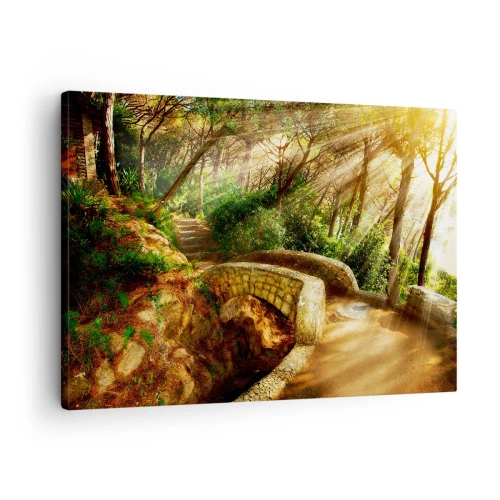 Canvastavla - Bild på duk - Skogslandskap med solstrålar och en stenbro - 70x50cm - Från bron till sagoskogen - Modern väggdekoration för vardagsrum och sovrum ARTTOR