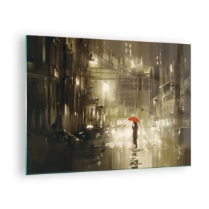 Glastavla - Bild på glas - Person med rött paraply i regnigt stadsljus på natten - 70x50cm - Själv, men inte ensam - Modern väggdekoration för vardagsrum och sovrum ARTTOR