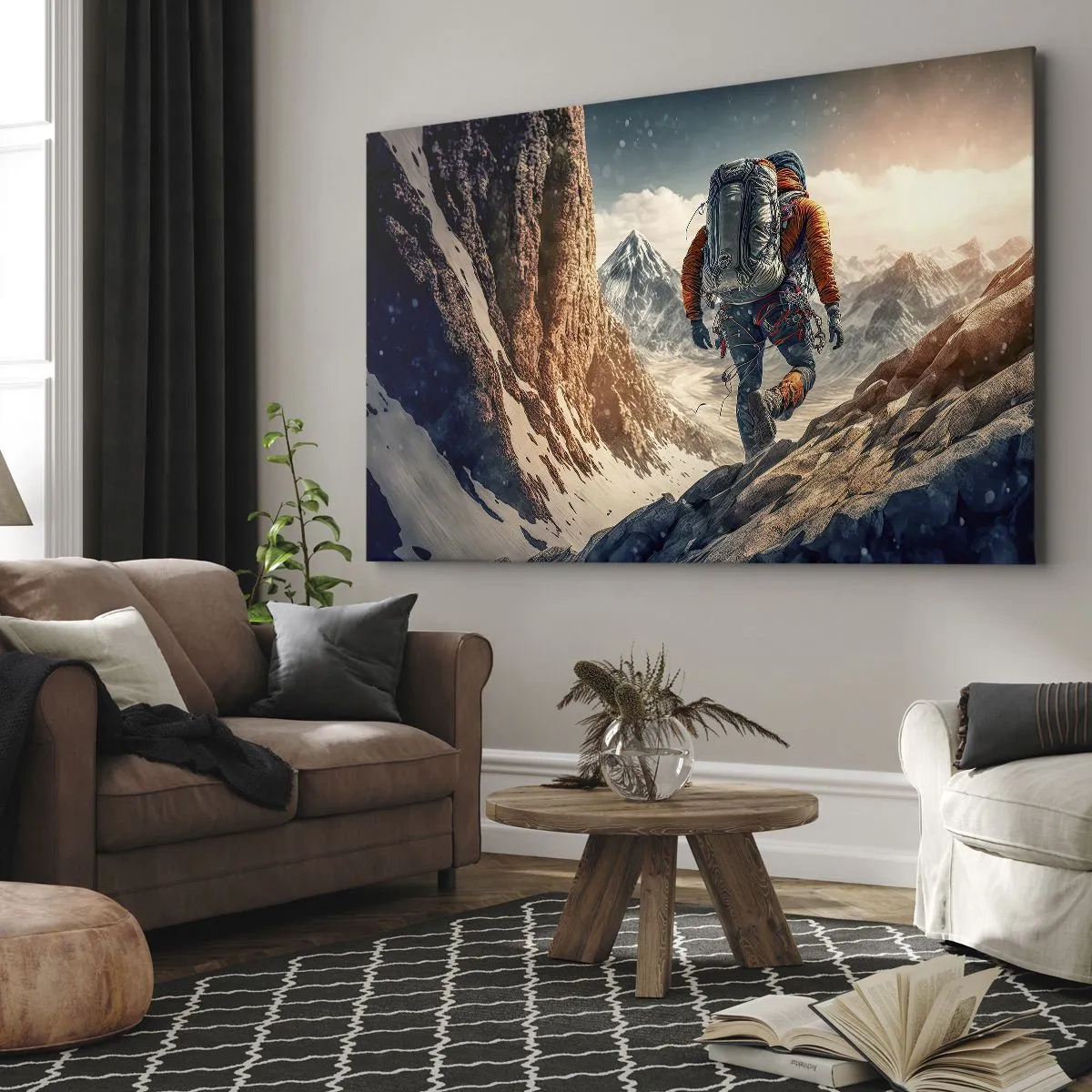 Canvastavla - Bild på duk - En klättrare på en bergsstig i ett vinterlandskap - 70x50cm - Ensam krigare - Modern väggdekoration för vardagsrum och sovrum ARTTOR
