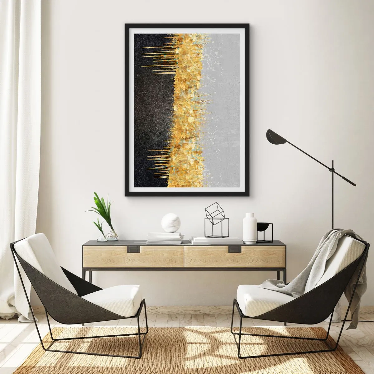 Affisch i svart ram - Abstrakt komposition av guld, svart och silver - 50x70cm - Inåt och uppåt - Modern väggdekoration för vardagsrum och sovrum ARTTOR