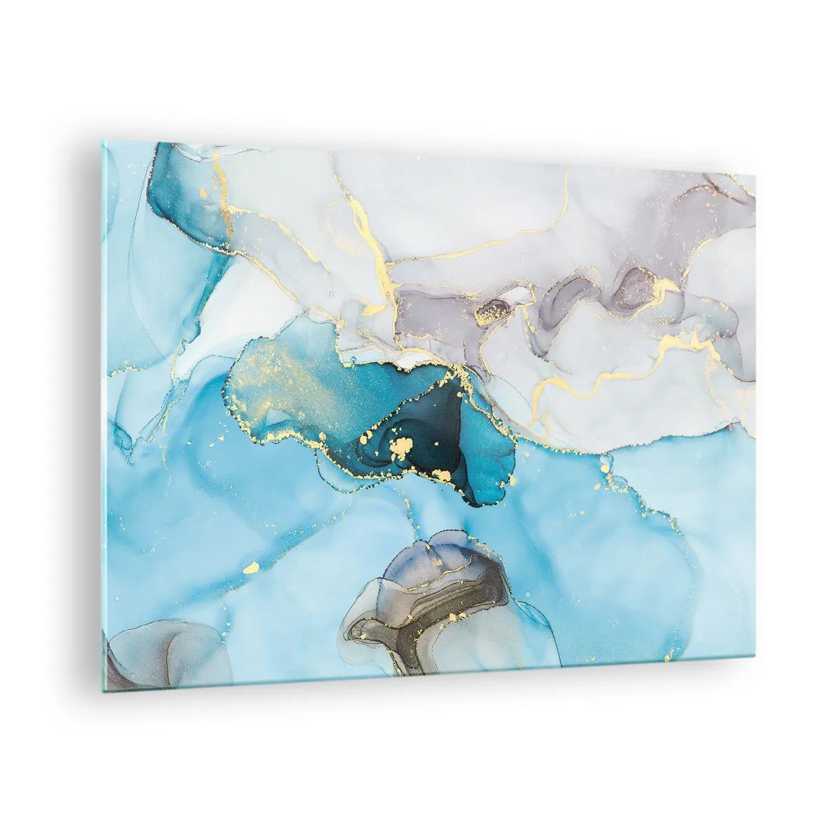 Glastavla - Bild på glas - Turkosa och grå vågor med guldfärgade accenter - 70x50cm - Studie över mötet mellan grå och turkos - Modern väggdekoration för vardagsrum och sovrum ARTTOR