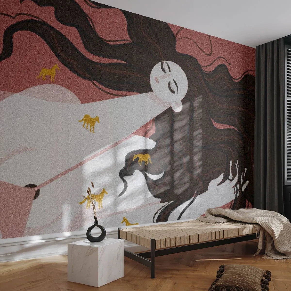 Självhäftande Fototapet Deluxe Sticker - Dröm om en gyllene häst - Kvinna, Porträtt, Minimalism - 200x140 cm