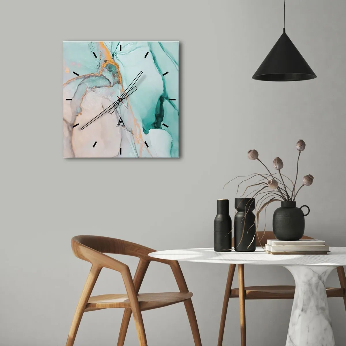 Väggklocka - Klocka på glas - Formernas och färgernas dans - 40x40 cm
