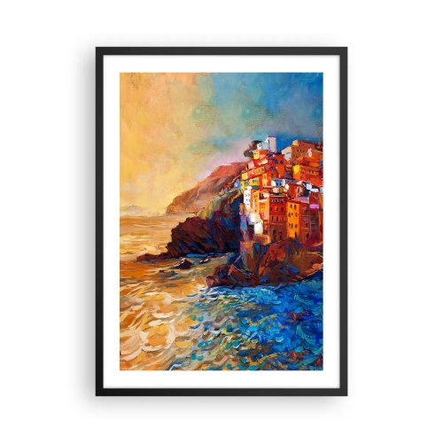 Affisch i svart ram - Färgglada byggnader med utsikt över klippan och havet vid solnedgången - 50x70cm - Italiensk stämning - Modern väggdekoration för vardagsrum och sovrum ARTTOR
