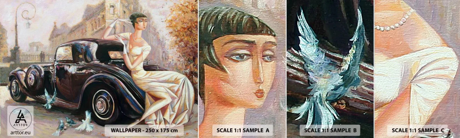 Fototapet Prov Standard Eco - Elegans i retrostil - Retro bil, Kvinna, Palats - 100x30 cm