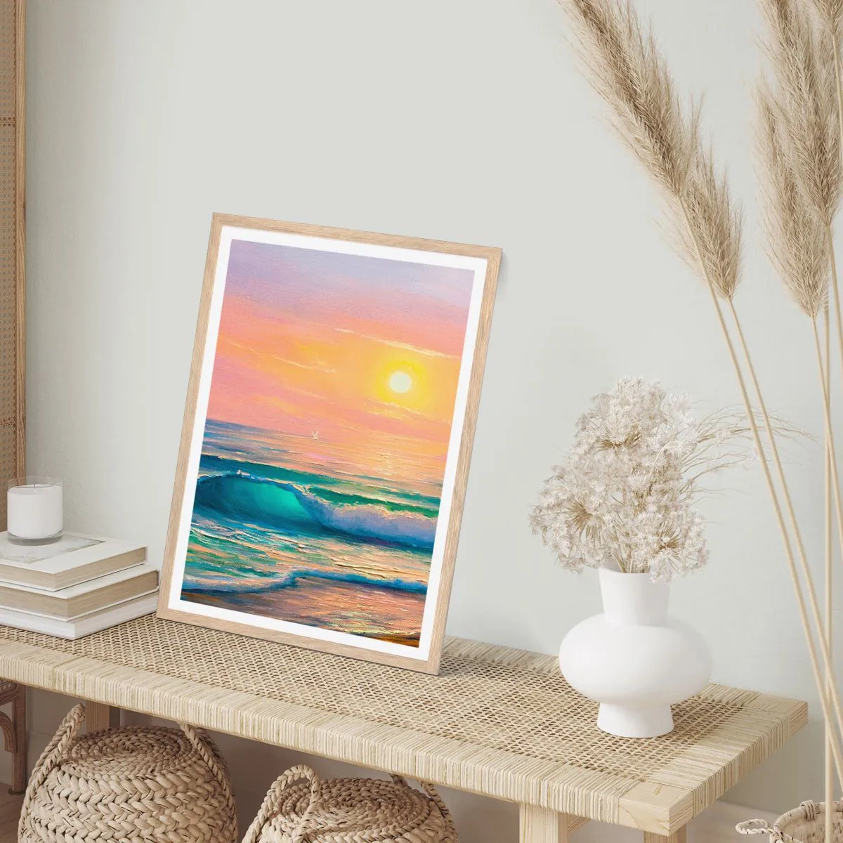 Affisch i ram av ljusek - Vågvisa i turkos - 50x70 cm