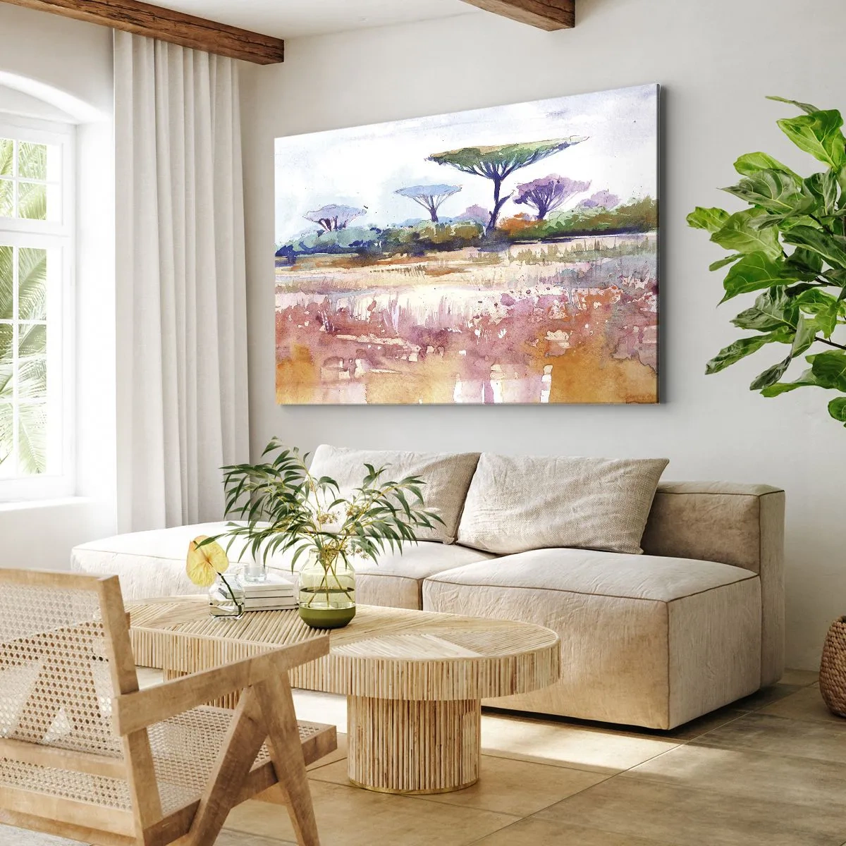 Canvastavla - Bild på duk - Ett pittoreskt savannlandskap i akvarellfärger - 70x50cm - Savannens färg - Modern väggdekoration för vardagsrum och sovrum ARTTOR