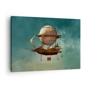 Canvastavla - Bild på duk - Ett fantastiskt luftskepp mot den grönaktiga himlen - 70x50cm - Jules Verne hälsar - Modern väggdekoration för vardagsrum och sovrum ARTTOR