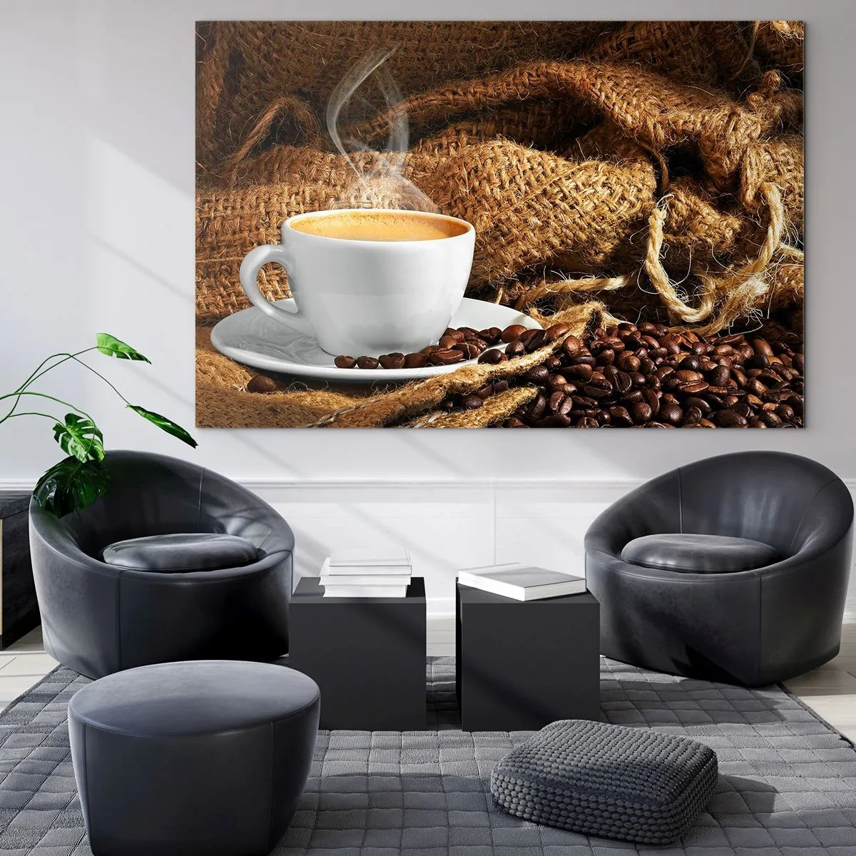 Glastavla - Bild på glas - En kopp kaffe med bönor på en jutebakgrund - 70x50cm - Mokkadoft och honungtjock dryck - Modern väggdekoration för vardagsrum och sovrum ARTTOR