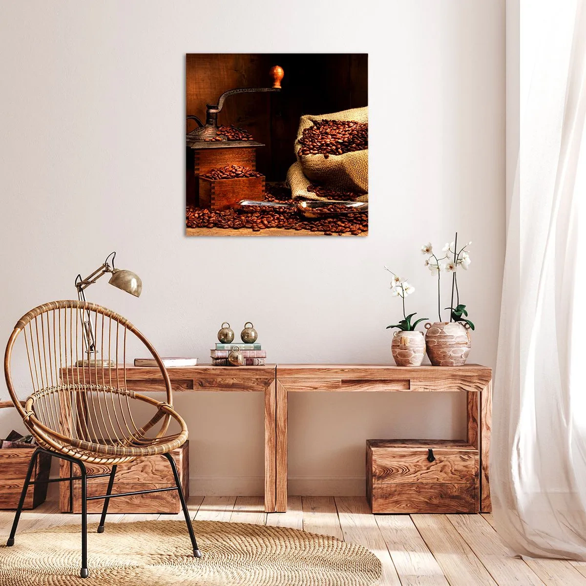 Canvastavla - Bild på duk - Stilleben med kaffebönor och kvarn - 30x30 cm